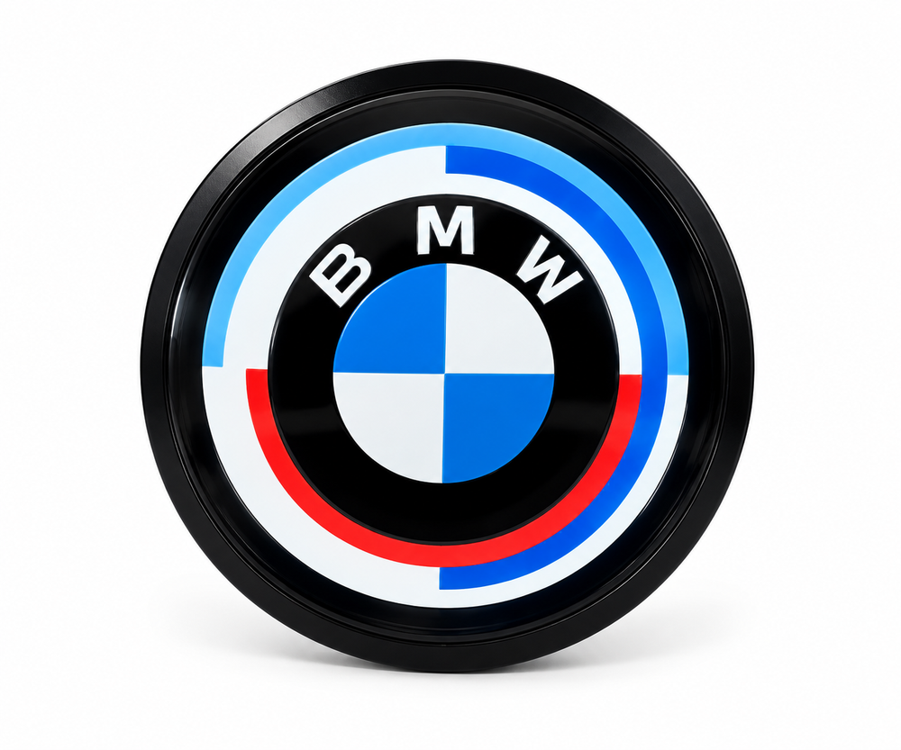 Vanta Trax BMW digital badge — glossy round digital boot roundel with motorsport stripe detail